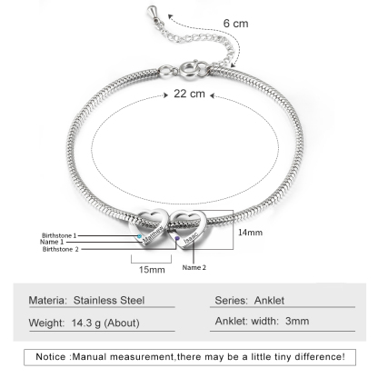 Personalised Anklet Engraved 2 Names and Birthstones Heart Shaped Charm Bracelet for Women | Jessemade