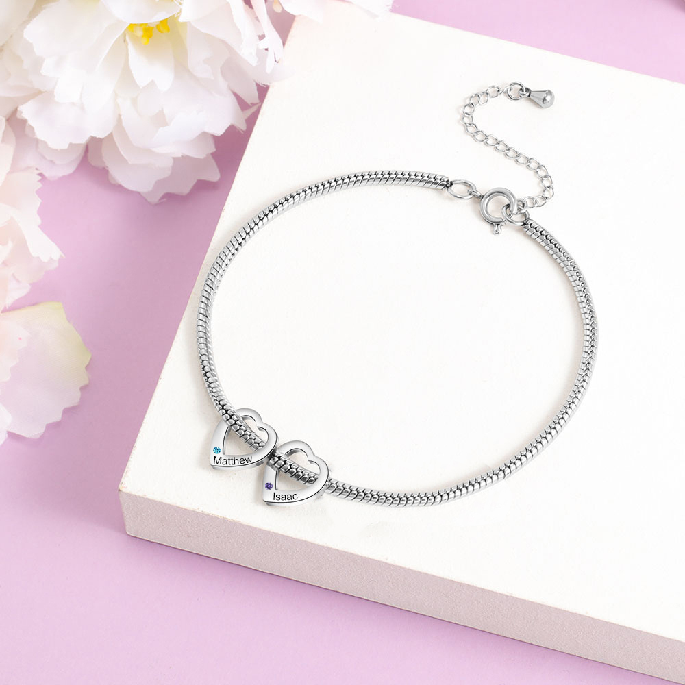 Personalised Anklet Engraved 2 Names and Birthstones Heart Shaped Charm Bracelet for Women | Jessemade