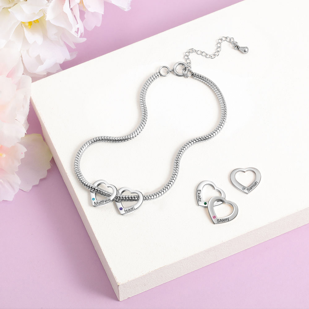 Personalised Anklet Engraved 2 Names and Birthstones Heart Shaped Charm Bracelet for Women | Jessemade