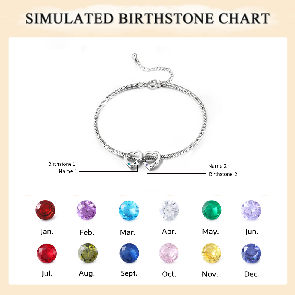 Personalised Anklet Engraved 2 Names and Birthstones Heart Shaped Charm Bracelet for Women | Jessemade