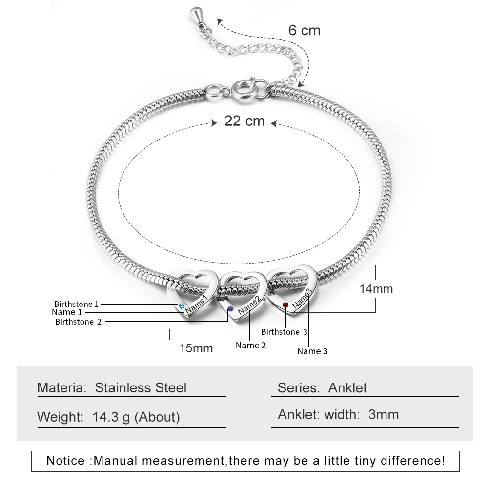 Personalised Anklet Engraved 3 Names and Birthstones Heart Shaped Charm Bracelet for Women | Jessemade