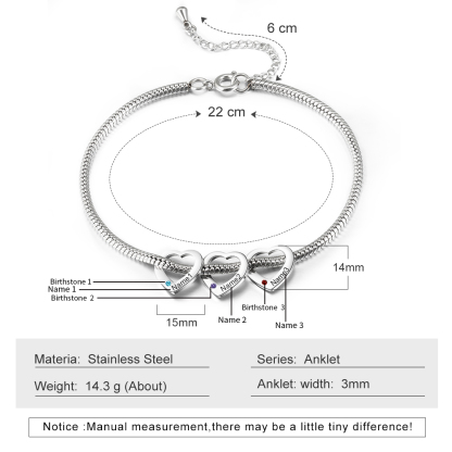 Personalised Anklet Engraved 3 Names and Birthstones Heart Shaped Charm Bracelet for Women | Jessemade