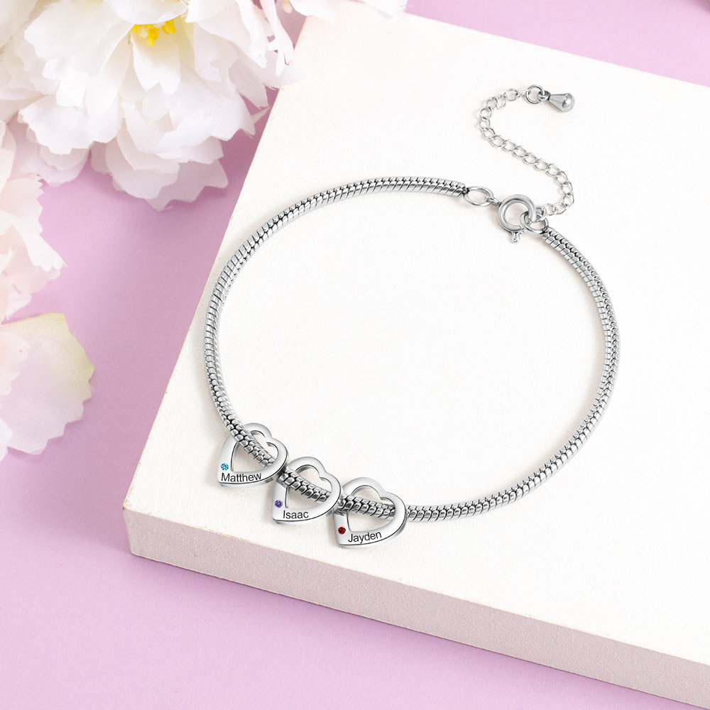 Personalised Anklet Engraved 3 Names and Birthstones Heart Shaped Charm Bracelet for Women | Jessemade