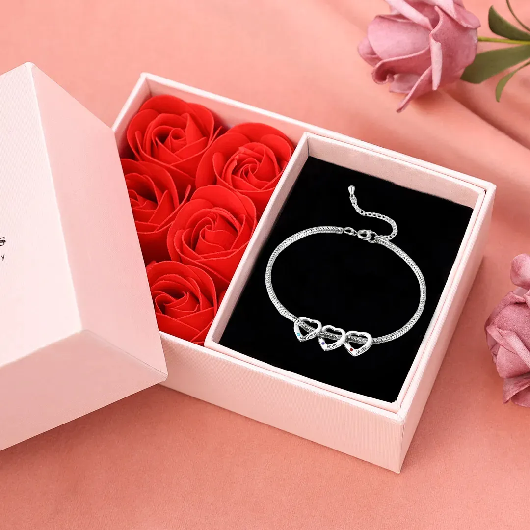 Personalised Anklet Engraved 3 Names and Birthstones Heart Shaped Charm Bracelet for Women | Jessemade