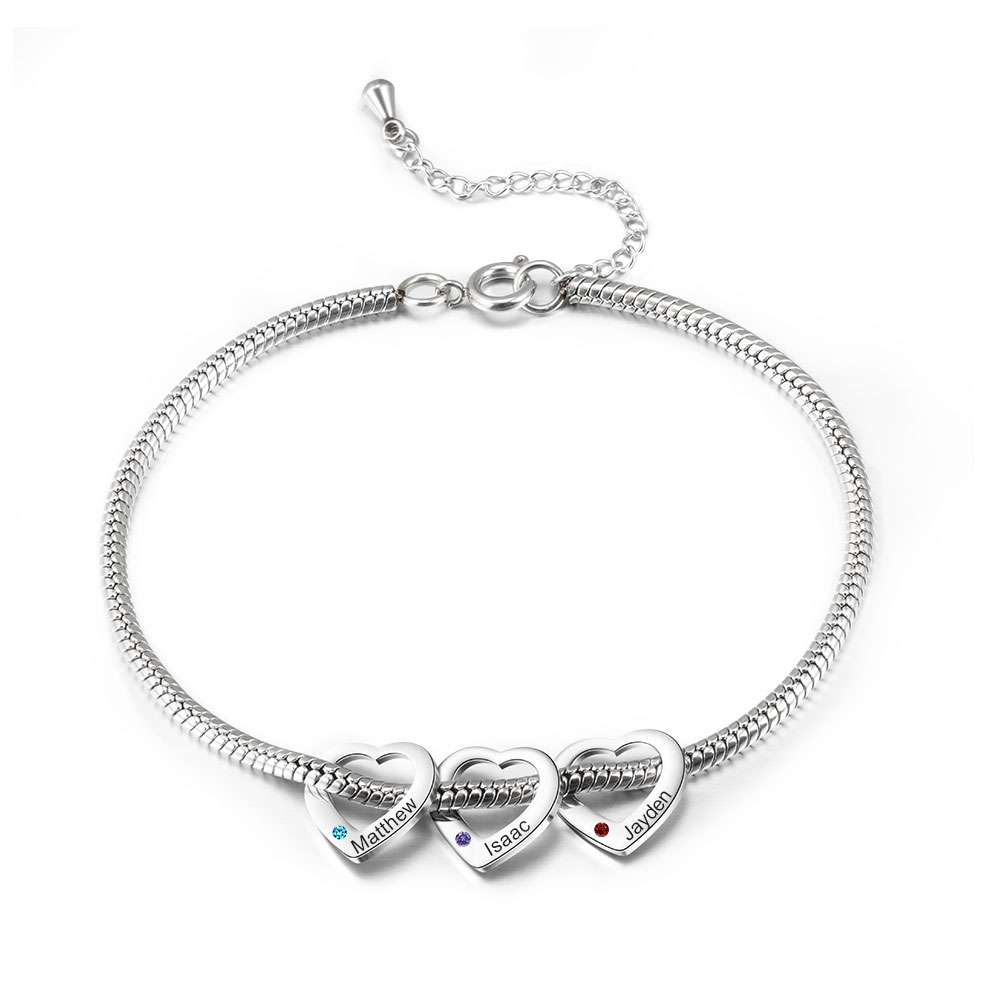 Personalised Anklet Engraved 3 Names and Birthstones Heart Shaped Charm Bracelet for Women | Jessemade