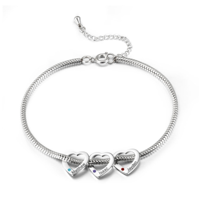 Personalised Anklet Engraved 3 Names and Birthstones Heart Shaped Charm Bracelet for Women | Jessemade