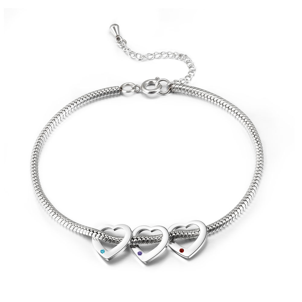 Personalised Anklet Engraved 3 Names and Birthstones Heart Shaped Charm Bracelet for Women | Jessemade
