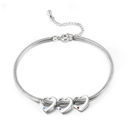 Personalised Anklet Engraved 3 Names and Birthstones Heart Shaped Charm Bracelet for Women | Jessemade
