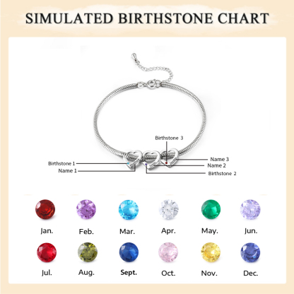 Personalised Anklet Engraved 3 Names and Birthstones Heart Shaped Charm Bracelet for Women | Jessemade