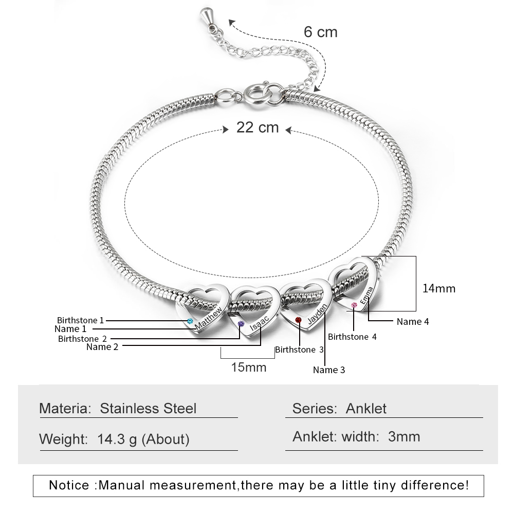Personalised Anklet Engraved 4 Names and Birthstones Heart Shaped Charm Bracelet for Women | Jessemade