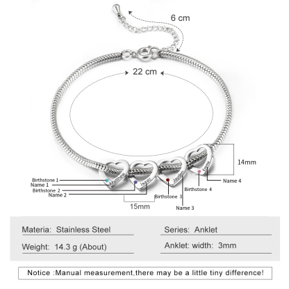 Personalised Anklet Engraved 4 Names and Birthstones Heart Shaped Charm Bracelet for Women | Jessemade
