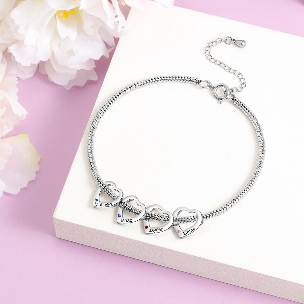 Personalised Anklet Engraved 4 Names and Birthstones Heart Shaped Charm Bracelet for Women | Jessemade