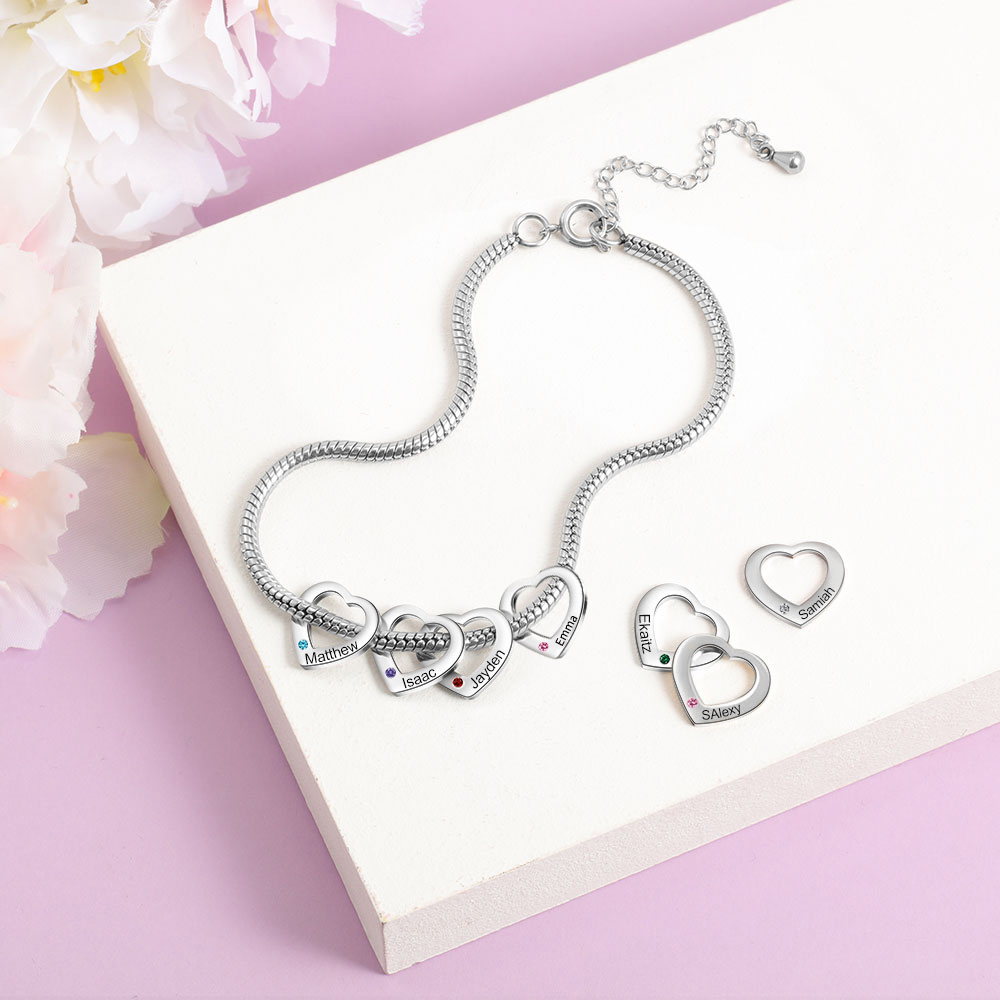 Personalised Anklet Engraved 4 Names and Birthstones Heart Shaped Charm Bracelet for Women | Jessemade