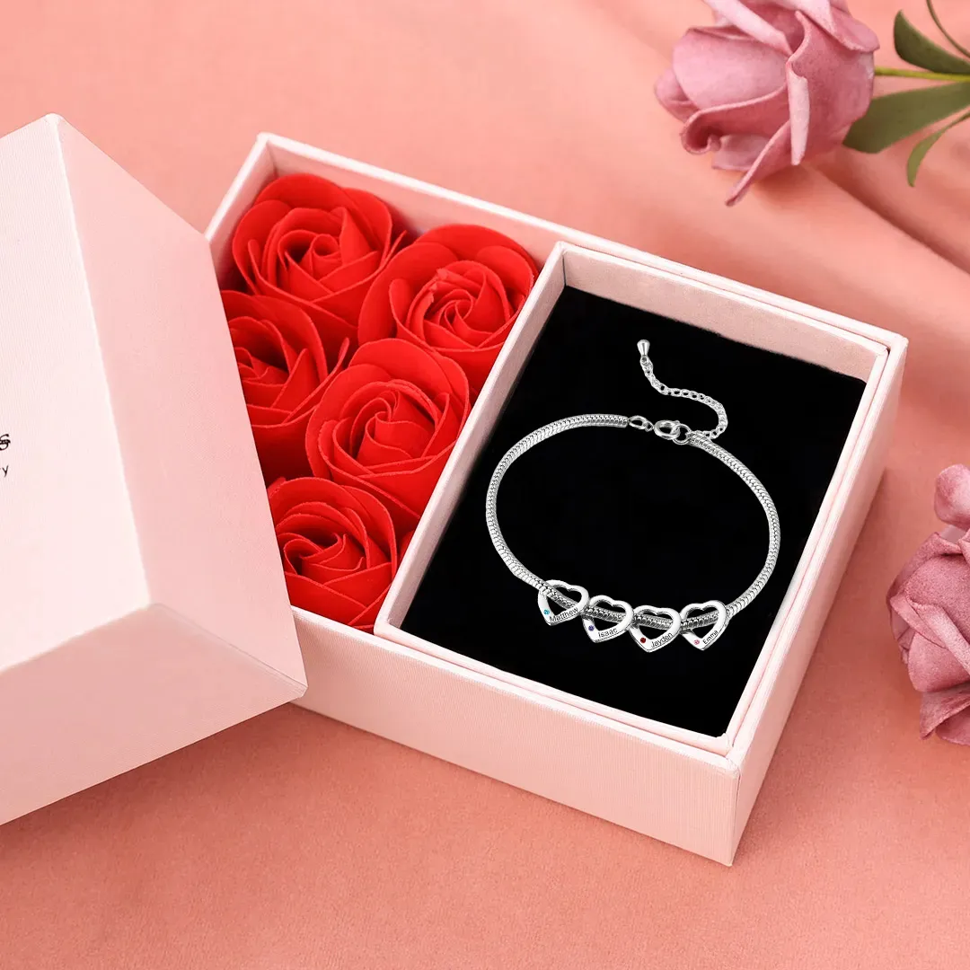 Personalised Anklet Engraved 4 Names and Birthstones Heart Shaped Charm Bracelet for Women | Jessemade