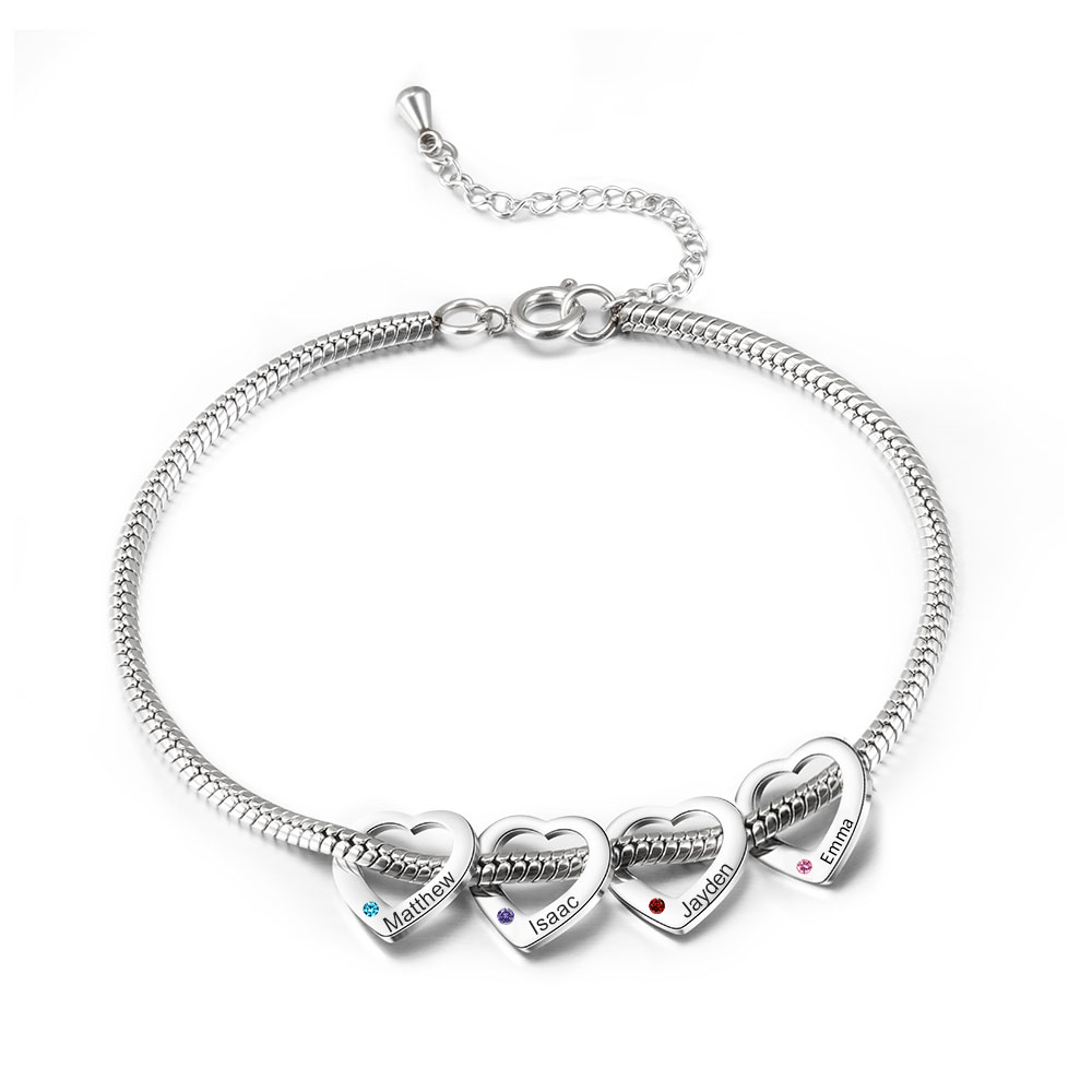 Personalised Anklet Engraved 4 Names and Birthstones Heart Shaped Charm Bracelet for Women | Jessemade