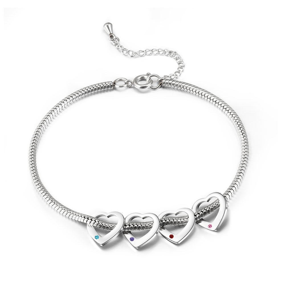 Personalised Anklet Engraved 4 Names and Birthstones Heart Shaped Charm Bracelet for Women | Jessemade
