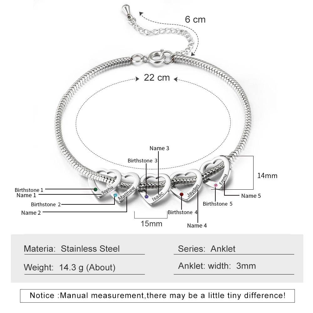 Personalised Anklet Engraved 5 Names and Birthstones Heart Shaped Charm Bracelet for Women | Jessemade