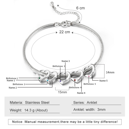 Personalised Anklet Engraved 5 Names and Birthstones Heart Shaped Charm Bracelet for Women | Jessemade