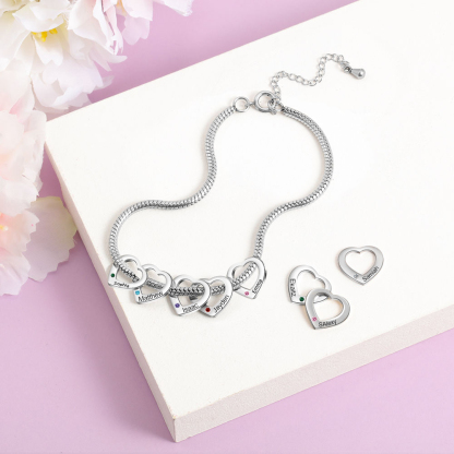 Personalised Anklet Engraved 5 Names and Birthstones Heart Shaped Charm Bracelet for Women | Jessemade