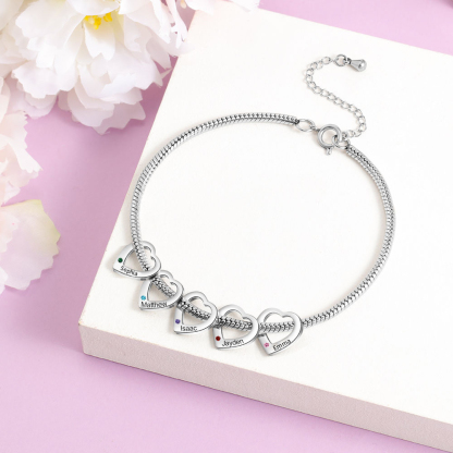 Personalised Anklet Engraved 5 Names and Birthstones Heart Shaped Charm Bracelet for Women | Jessemade