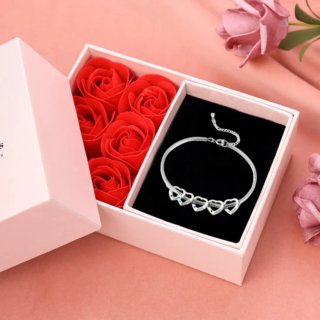 Personalised Anklet Engraved 5 Names and Birthstones Heart Shaped Charm Bracelet for Women | Jessemade