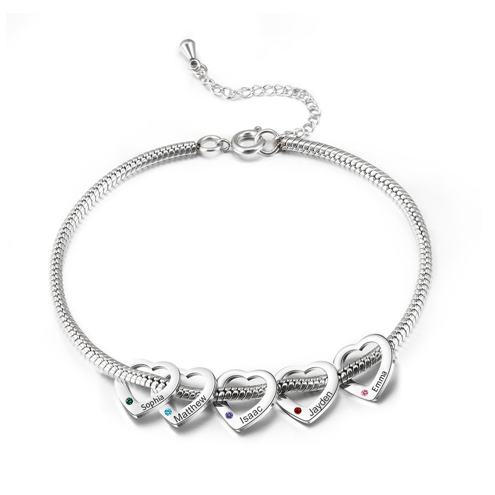 Personalised Anklet Engraved 5 Names and Birthstones Heart Shaped Charm Bracelet for Women | Jessemade