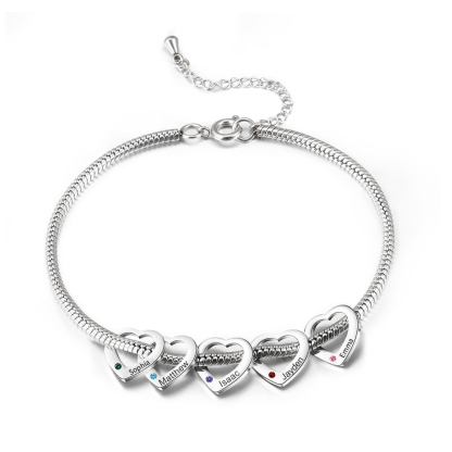 Personalised Anklet Engraved 5 Names and Birthstones Heart Shaped Charm Bracelet for Women | Jessemade