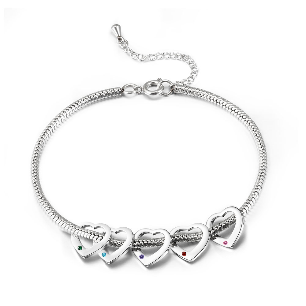 Personalised Anklet Engraved 5 Names and Birthstones Heart Shaped Charm Bracelet for Women | Jessemade