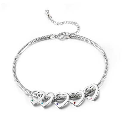 Personalised Anklet Engraved 5 Names and Birthstones Heart Shaped Charm Bracelet for Women | Jessemade