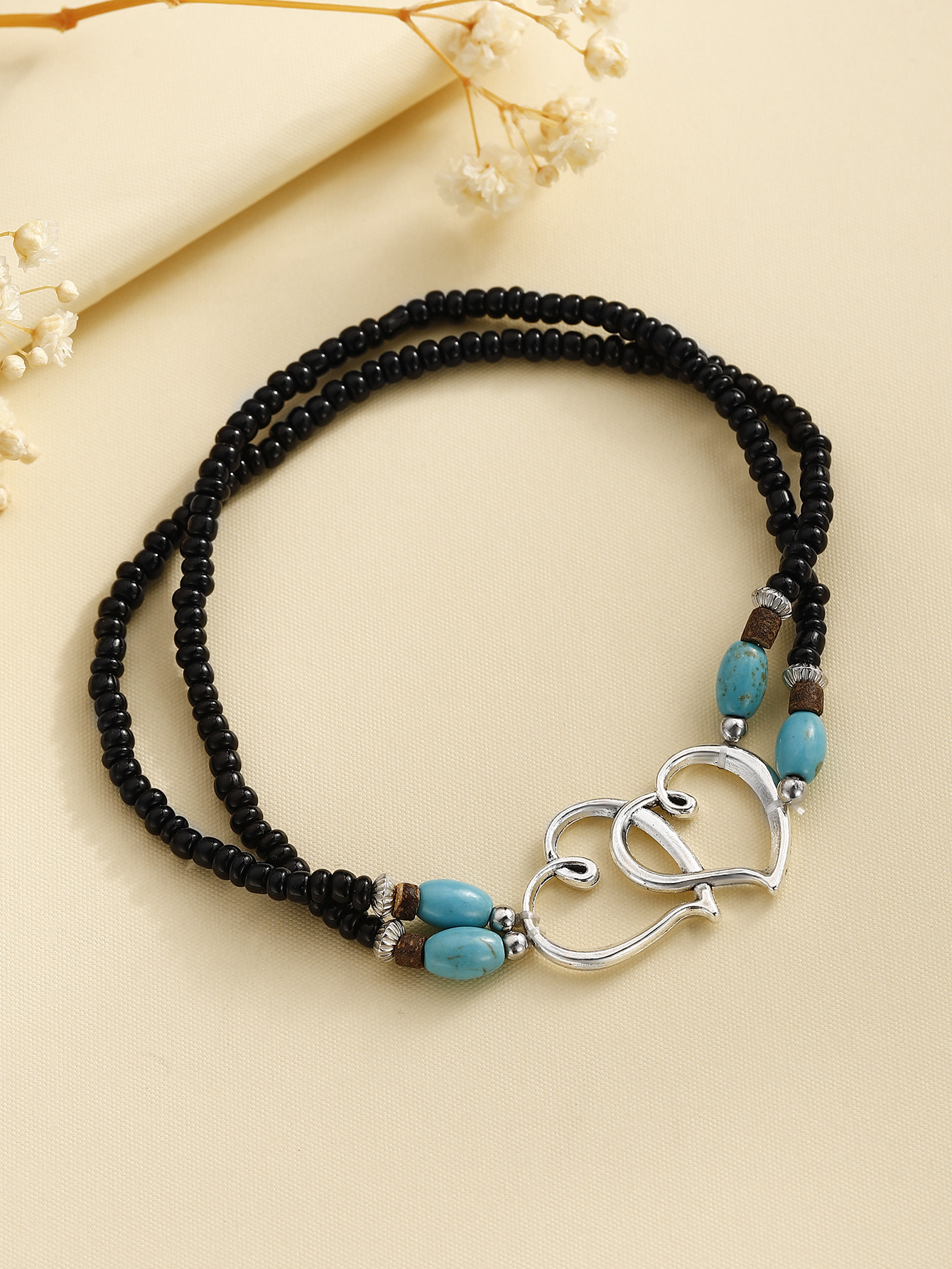Personalized Double Heart Beaded Bracelet with Turquoise Accents Anklets-Jessemade AU