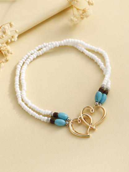 Personalized Double Heart Beaded Bracelet with Turquoise Accents Anklets-Jessemade AU