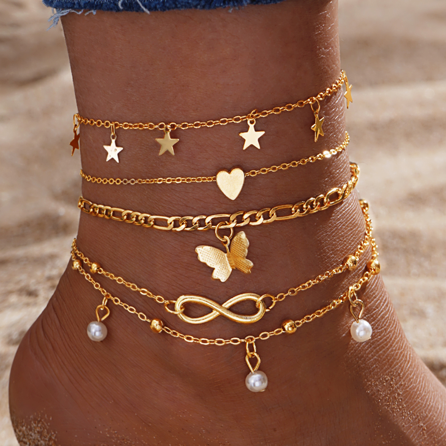5 Layered Gold Anklet Set with Charms  Stars Butterfly Heart Anklets
