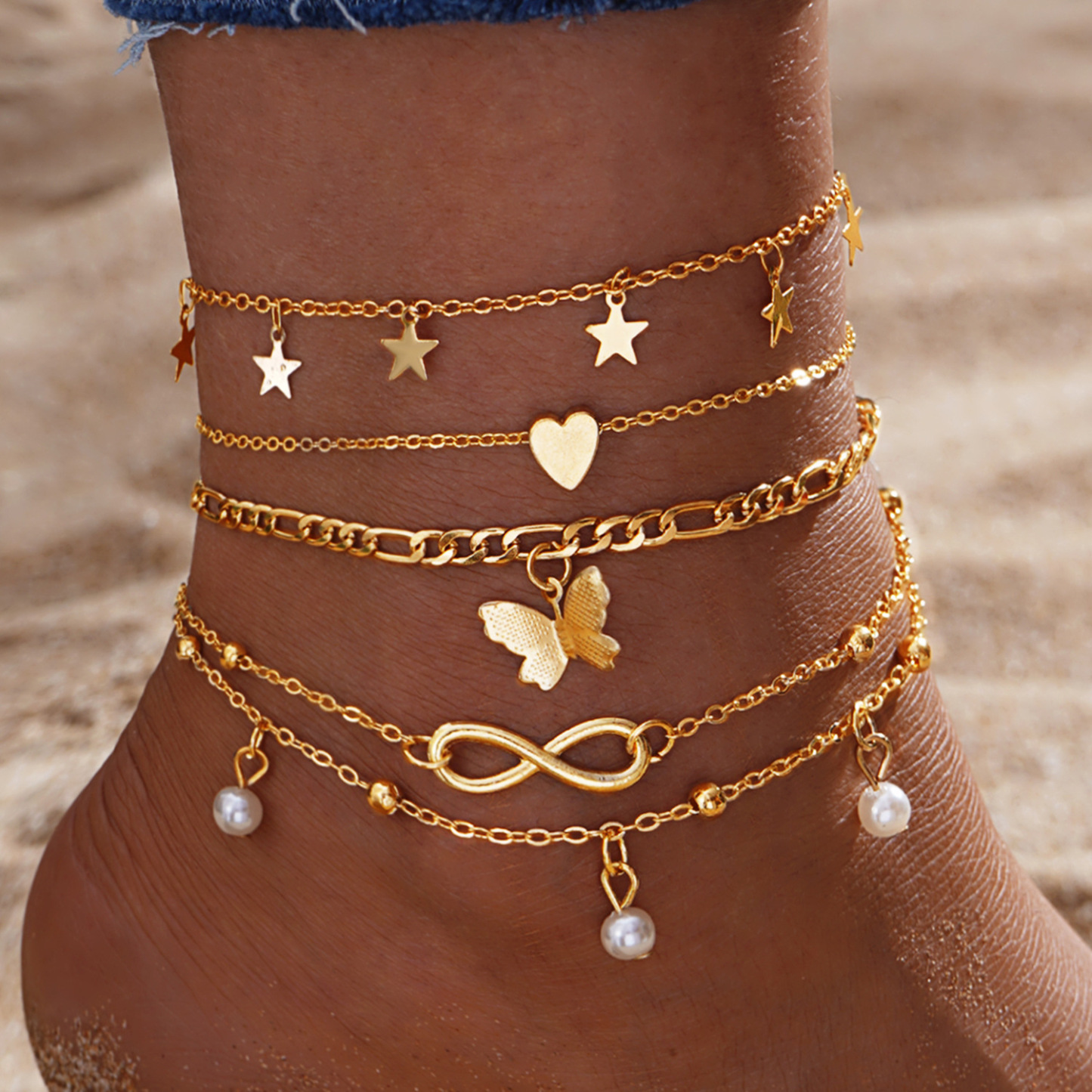 5 Layered Gold Anklet Set with Charms  Stars Butterfly Heart Anklets-Jessemade AU
