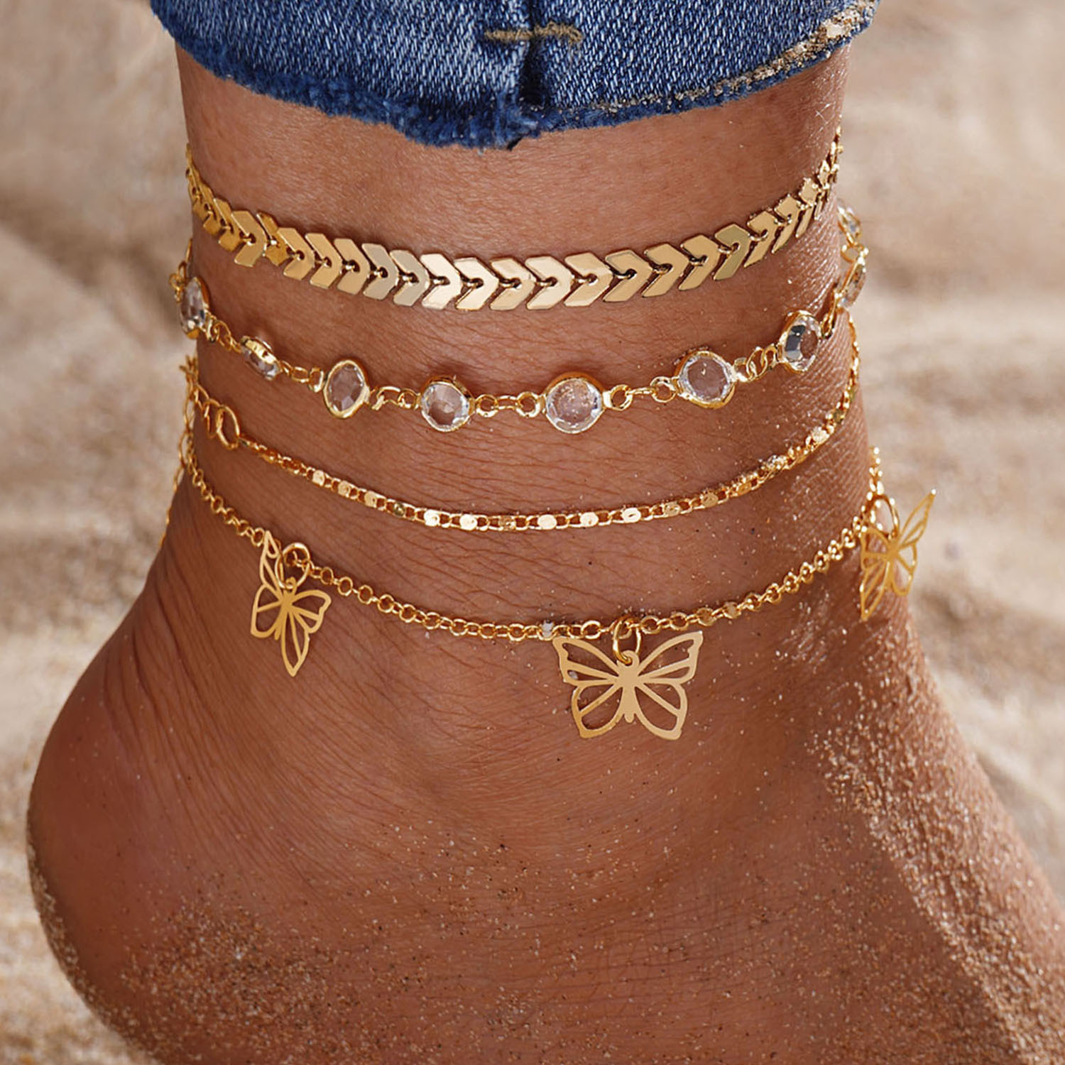 Layered Gold Anklet Set with Butterfly Charms and Crystal Accents Anklets