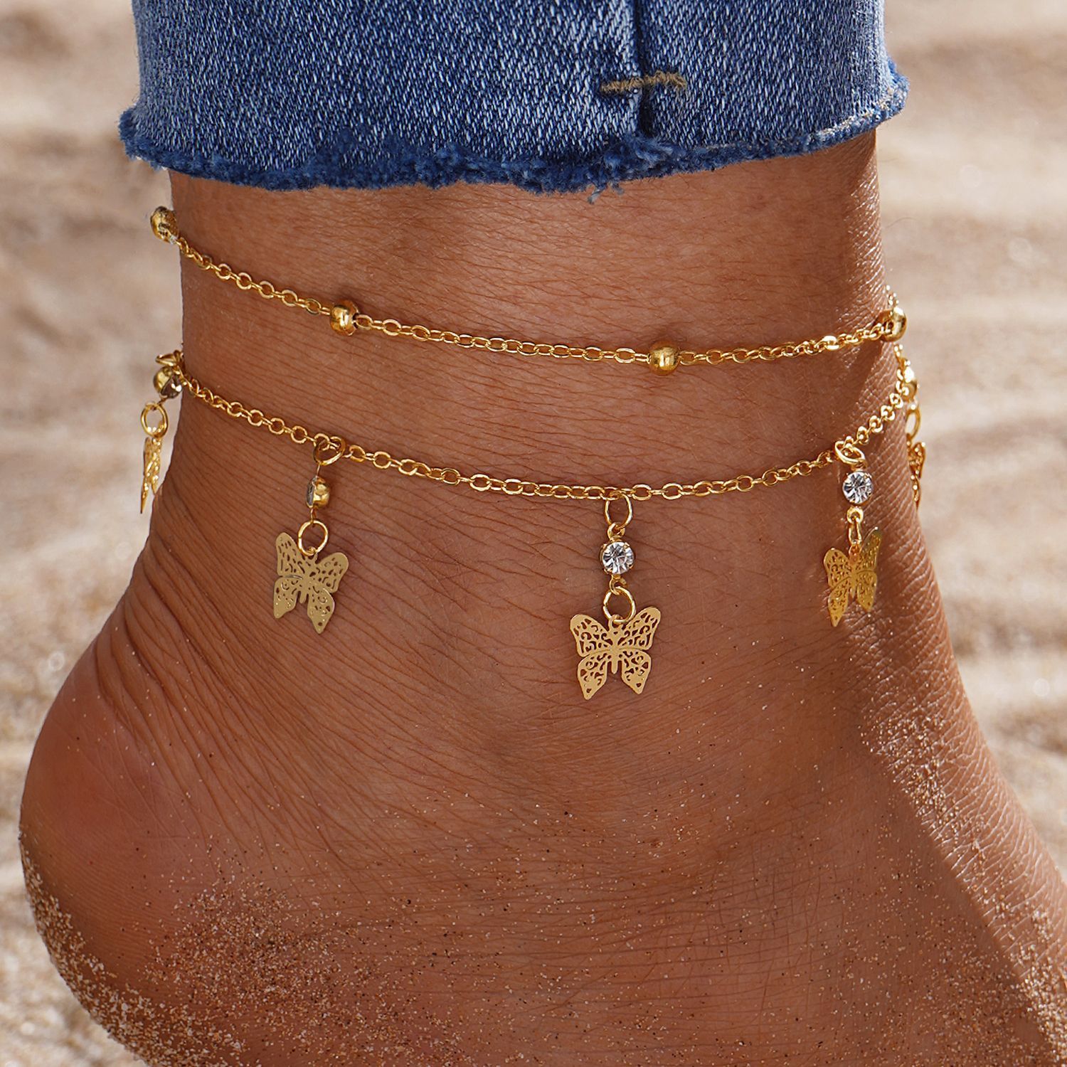 Gold Butterfly Charm Anklet Set with Crystal Accents-Jessemade AU
