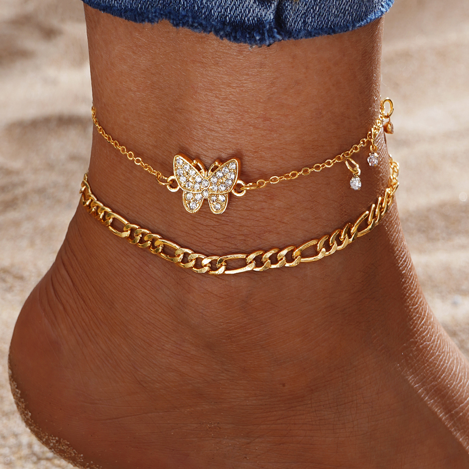 Gold Butterfly Charm Anklet Set with Rhinestone Accents Double-Layer anklet-Jessemade AU