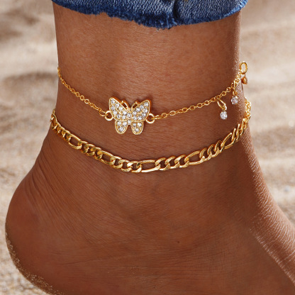 Gold Butterfly Charm Anklet Set with Rhinestone Accents Double-Layer anklet-Jessemade AU