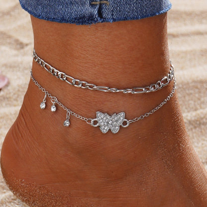 Silver Butterfly Charm Anklet Set with Rhinestones Double-Layer Adjustable Anklet-Jessemade AU