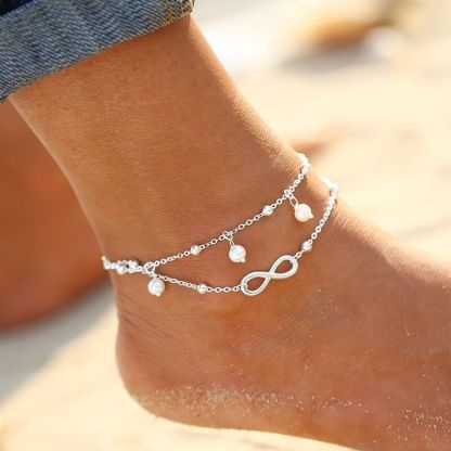 Infinity Charm Double-Layer Anklet with Pearls – Elegant Ankle Bracele