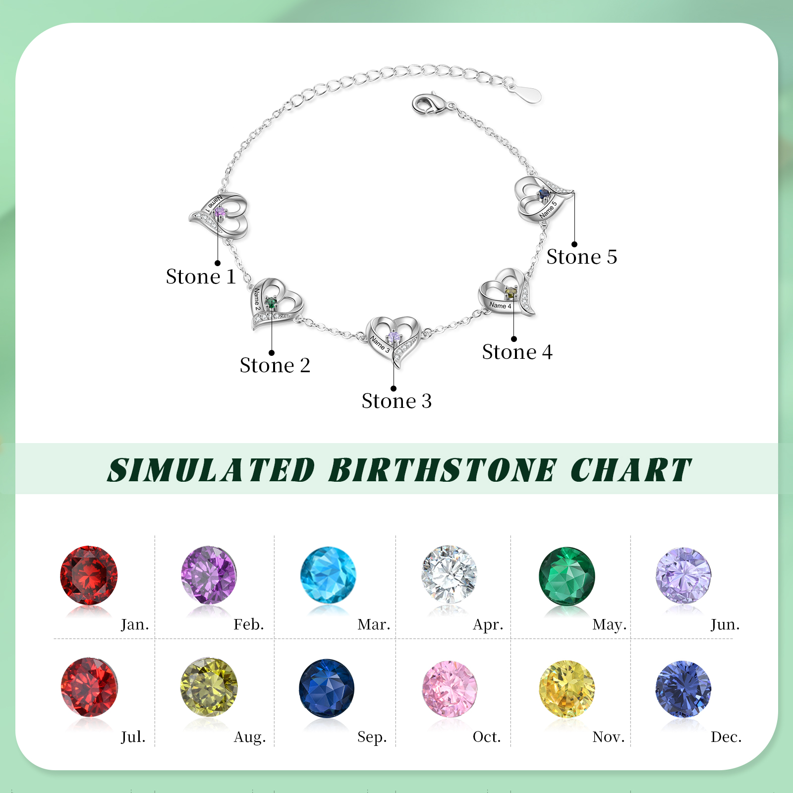 Personalised Heart Anklet Custom with 1-5 Names and Birthstones - Gift for Mum, Wife, Friend, Her | Jessemade