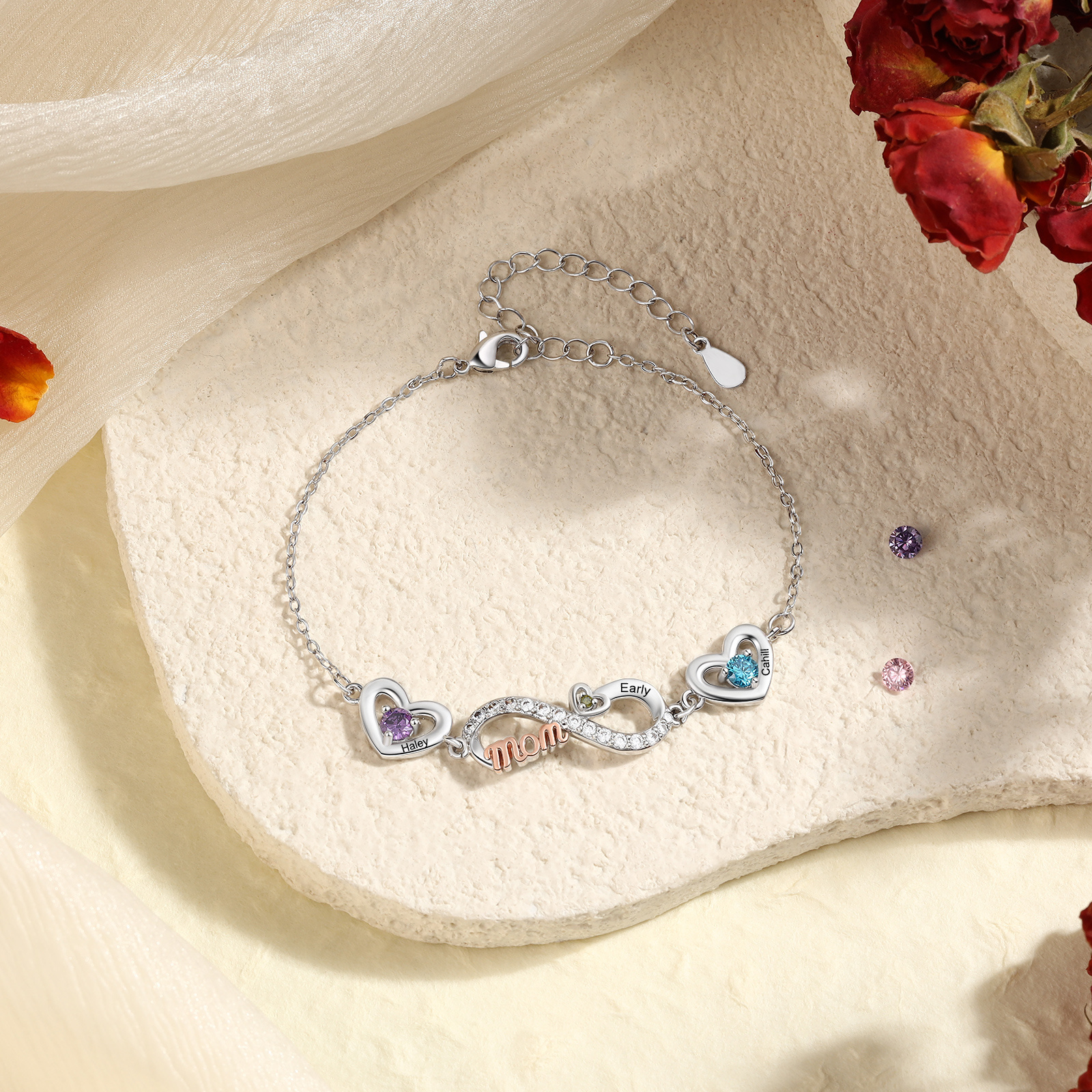 Personalised 2-6 Names Infinity Mum Heart Birthstone Bracelet
