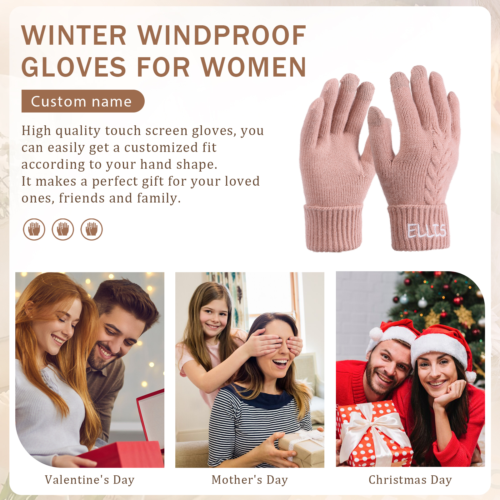 Personalised Winter Knit Gloves Thoughtful Custom Gift in Pink or Gray for Her or Him