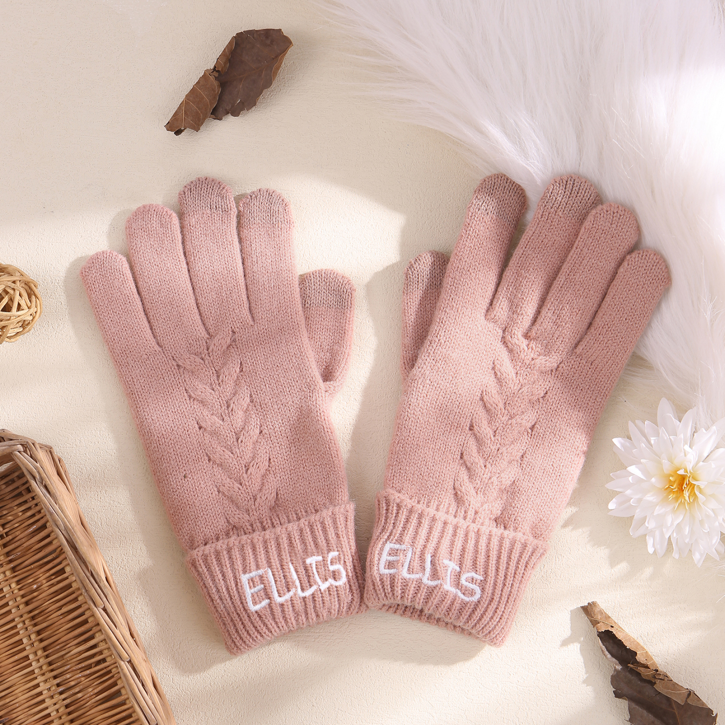 Personalised Winter Knit Gloves Thoughtful Custom Gift in Pink or Gray for Her or Him