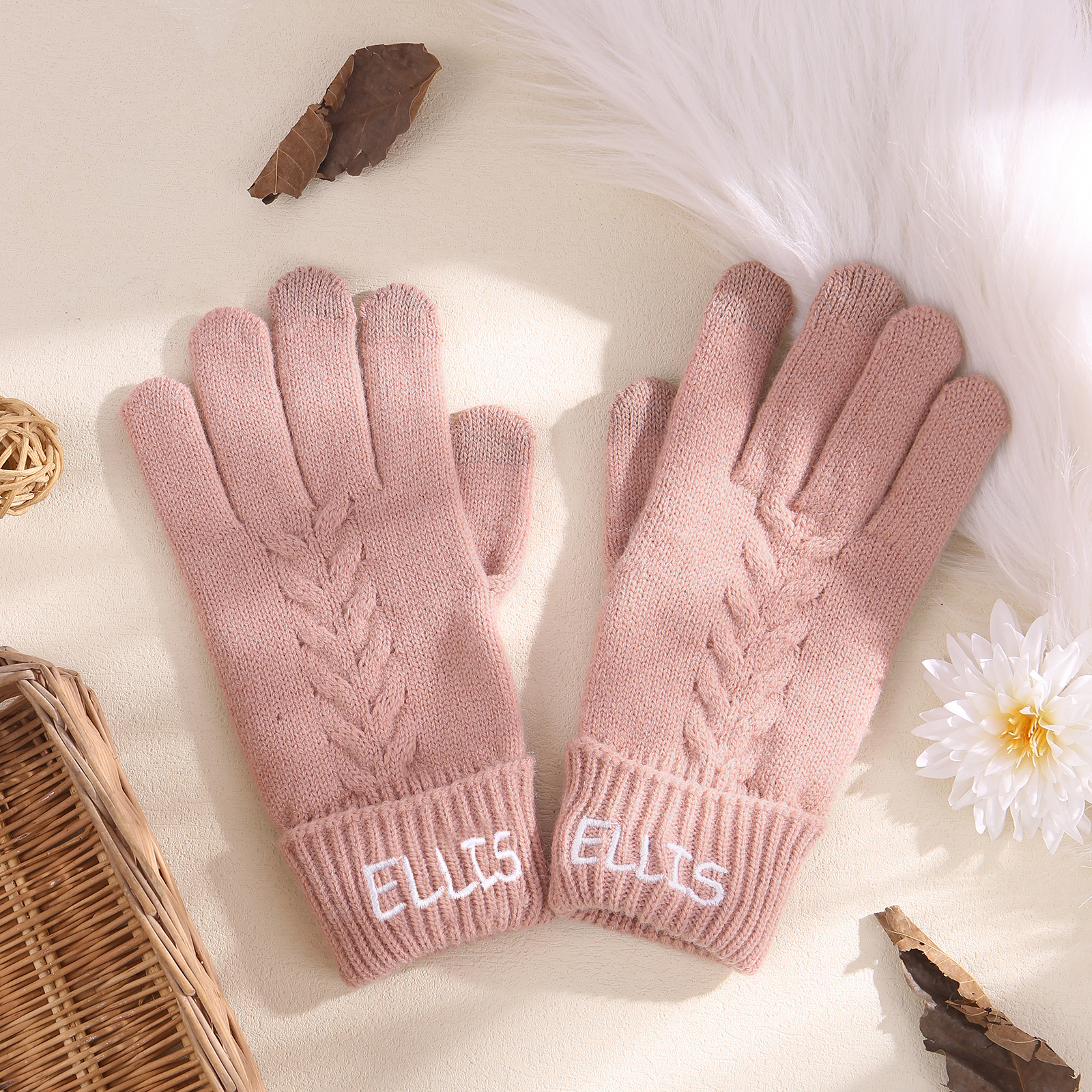 Personalised Winter Knit Gloves Thoughtful Custom Gift in Pink or Gray for Her or Him