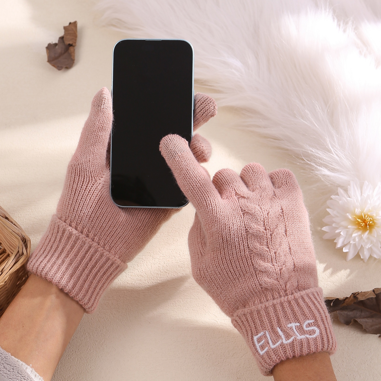 Personalised Winter Knit Gloves Thoughtful Custom Gift in Pink or Gray for Her or Him