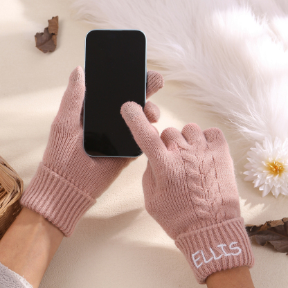 Personalised Winter Knit Gloves Thoughtful Custom Gift in Pink or Gray for Her or Him