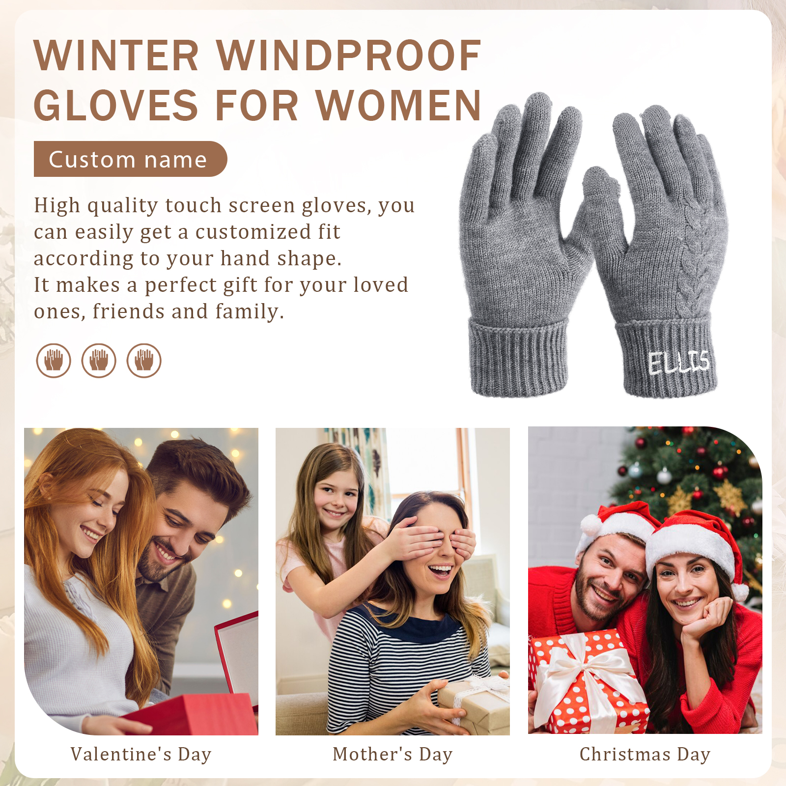 Personalised Winter Knit Gloves Thoughtful Custom Gift in Pink or Gray for Her or Him