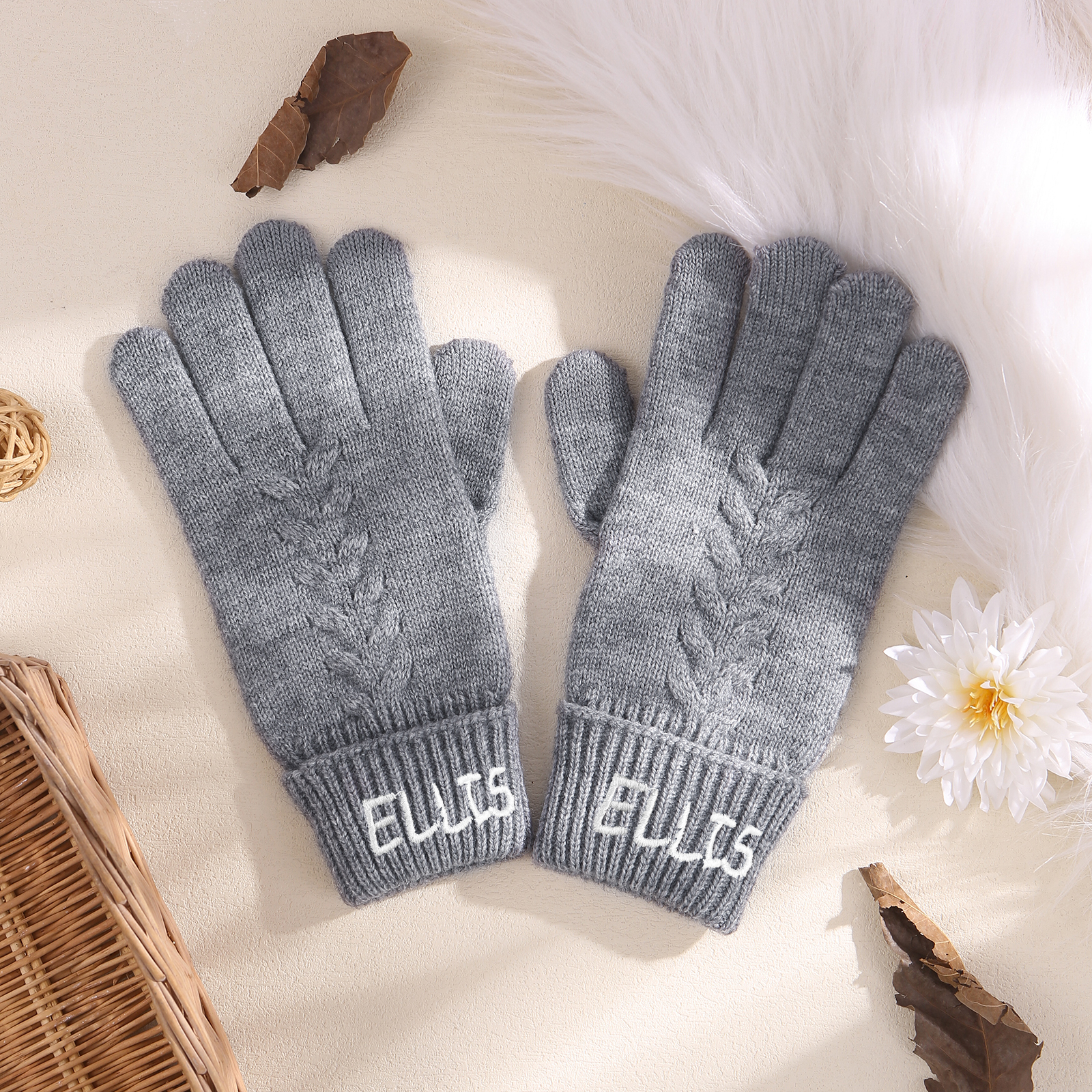 Personalised Winter Knit Gloves Thoughtful Custom Gift in Pink or Gray for Her or Him