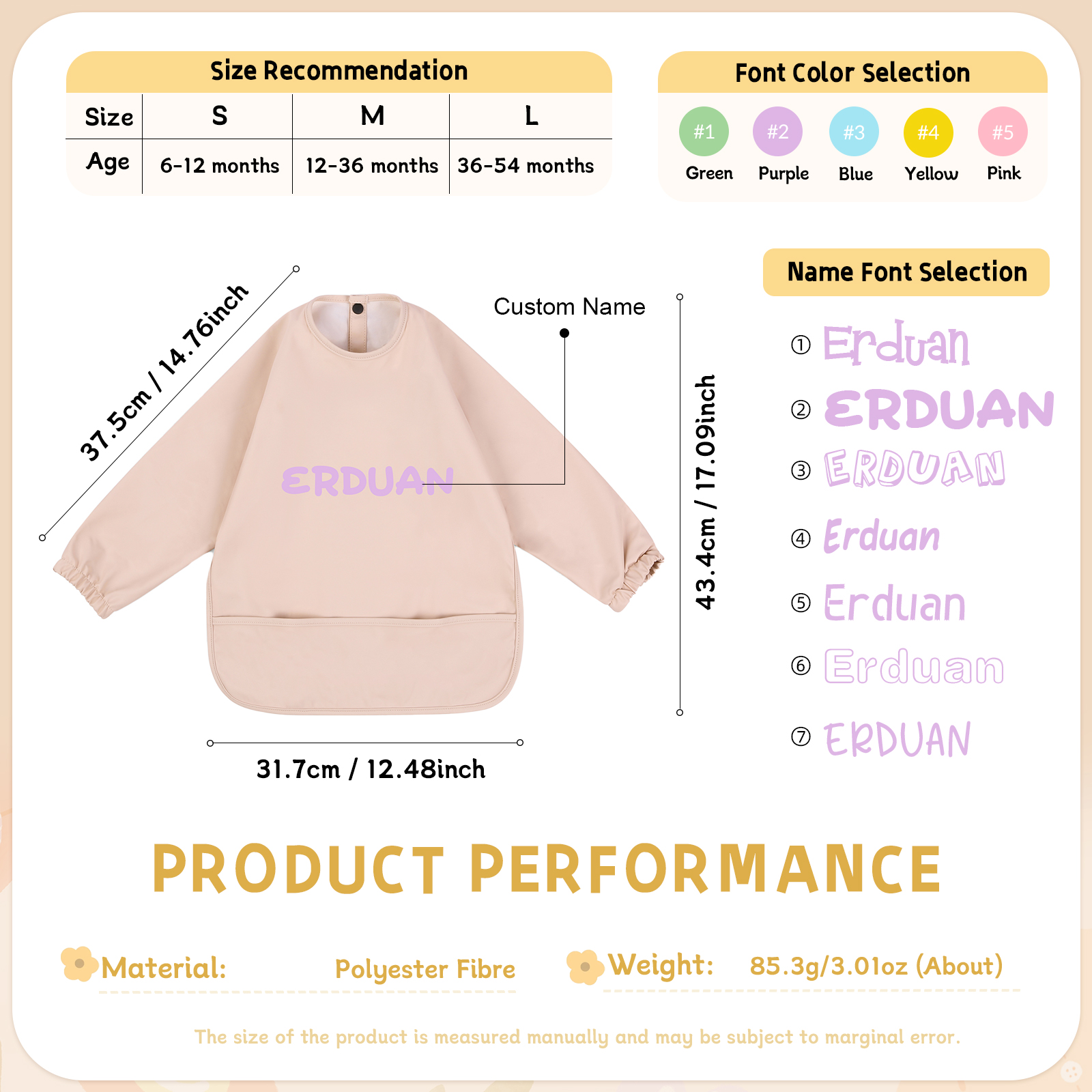 Personalised Baby Bibs Waterproof PU Feeding Bibs with Long Sleeves Large Pocket Gift for Her