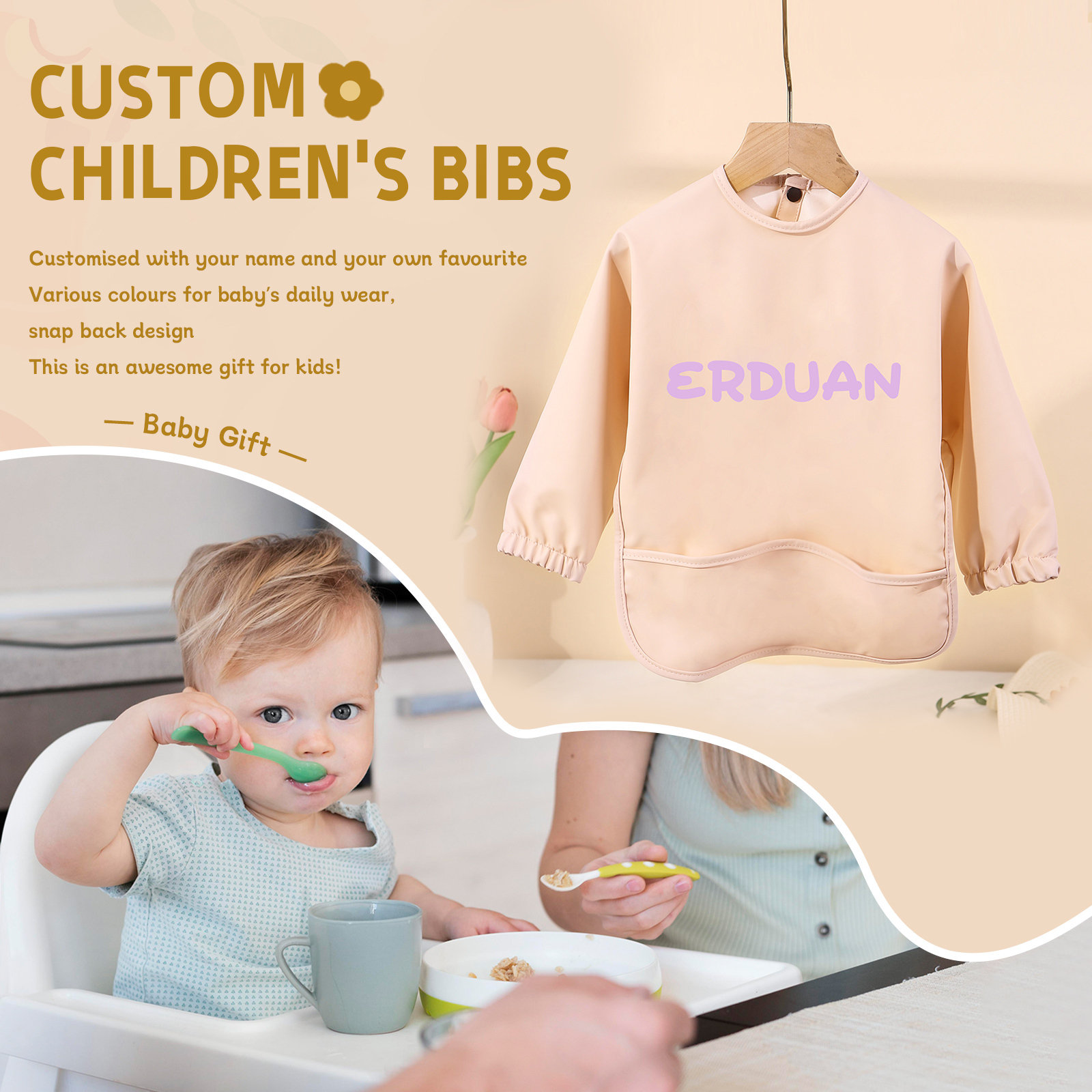 Personalised Baby Bibs Waterproof PU Feeding Bibs with Long Sleeves Large Pocket Gift for Her